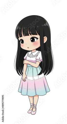 Chibi anime girl in pastel dress, standing shyly, isolated on white background