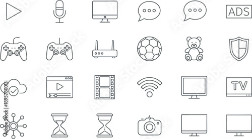 Media and entertainment icon set with video audio gaming streaming flat vector illustration for app interface design ui