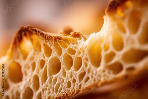 Close Up Section Of Golden Brown Bread With Large Air Pockets And Textured Crust Lit With Warm Light On Out Of Focus Background