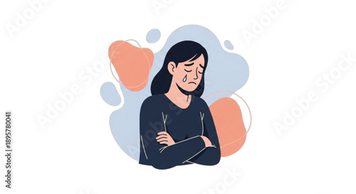 Sad woman crying with arms crossed, abstract background, feeling sorrow
