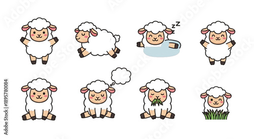 Collection of cute cartoon sheep in various actions and poses, isolated on white background