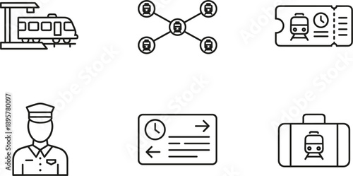 Public transportation and travel service icon set with train ticket schedule passenger flat vector illustration for mobility design