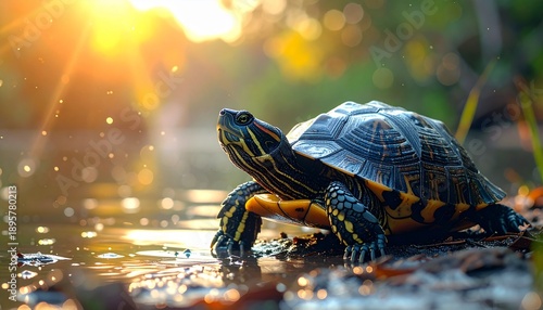 Vibrant turtle resting near serene water edge, realistic shell texture