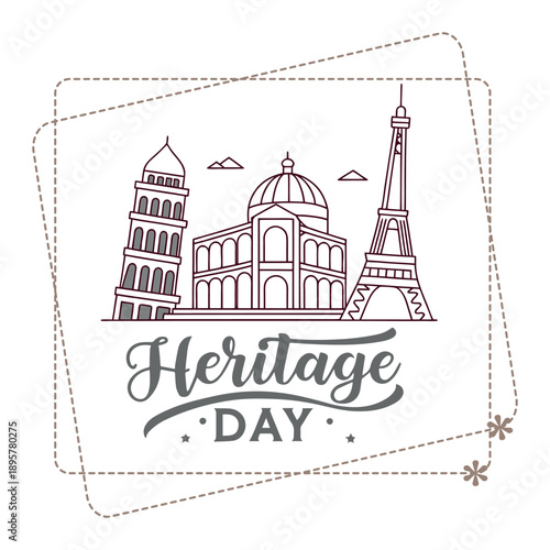 Celebrating world heritage day with iconic global landmarks line art illustration