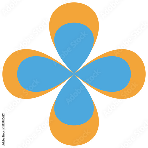A stylized, geometric illustration of a four-leaf clover or flower shape, rendered in a modern, flat design style. The design features four teardrop or petal shapes that meet at a central point, color