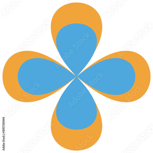 A stylized, geometric illustration of a four-leaf clover or flower shape, rendered in a modern, flat design style. The design features four teardrop or petal shapes that meet at a central point, color