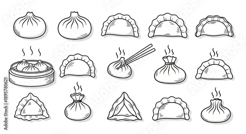 Dumpling Line Art Set, Asian Cuisine