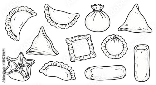 Dumpling Variety Line Art Illustration