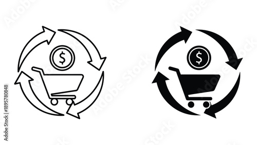 Shopping cart with dollar sign and circular arrows