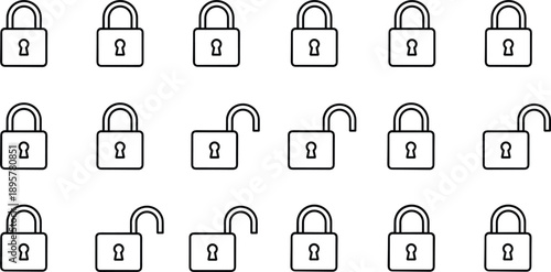 Padlock security icon set locked and unlocked symbols line vector illustration for privacy protection access control ui design