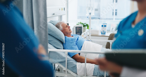 Fotografie Healthcare, recovery and senior man in hospital bed for post operation healing or treatment