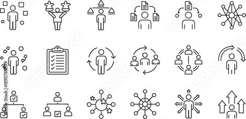 Business process management and workflow icon set line vector illustration for organization strategy teamwork system design ui