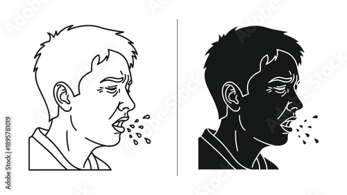 Coughing man illustration in black and white