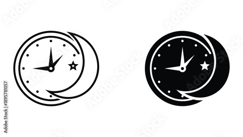 Clock with crescent moon and star symbolizing time and night sky