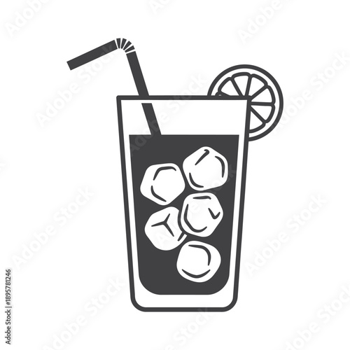 A glass of cold soda with ice cubes and a lemon slice