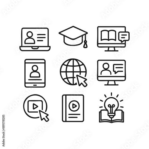 E-learning and digital education technology icons, linear icon. Online courses, virtual classroom, academic webinars, and remote study tools.