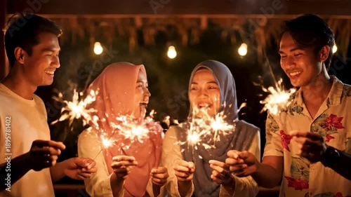 Four friends, including two young women wearing hijabs and two young men, smiling and holding sparklers at night with string lights in the background, celebrating Eid al-Fitr or Mubarak.