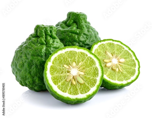 Group of three green bergamot fruits, one sliced in half, showing the pulpy interior, on a white background