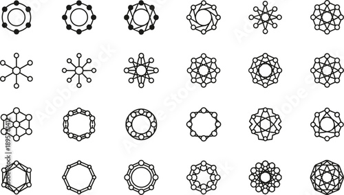 Abstract geometric network symbol icon set circular molecular shapes flat vector illustration for technology science design branding background