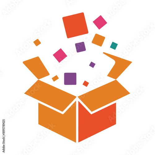 Colorful squares emerging from an open orange box