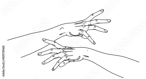 Simple line drawing of two hands reaching towards each other.