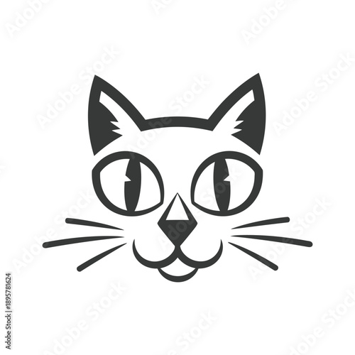 A stylized illustration of a cat's face with large eyes and whiskers
