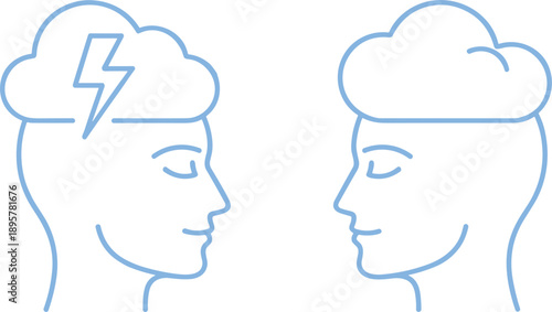 Human mind communication concept illustration with cloud brain and lightning flat vector line design for psychology technology branding