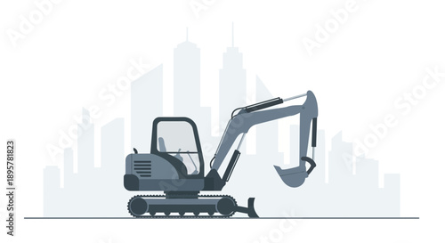Compact Excavator Working On Urban Construction Site In Minimalist Style