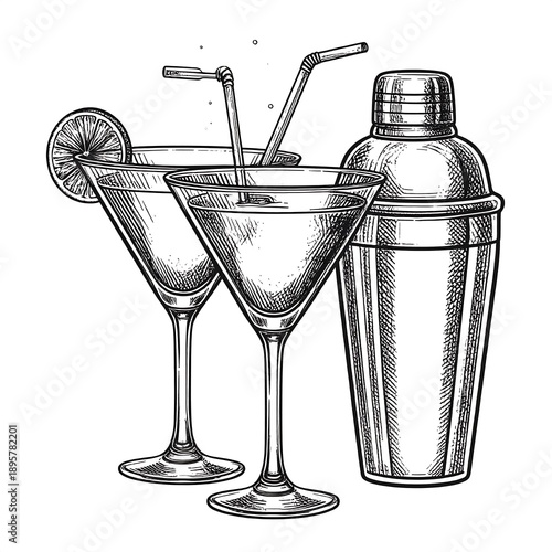 Detailed engraving illustration of two martinis with straws and citrus next to a stainless steel cocktail shaker