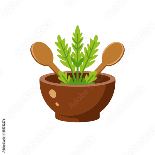 Flat icon of herbs in a mortar with spoons