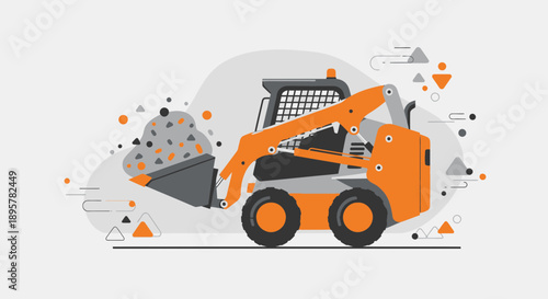 Compact Loader Operating With Earthworks And Abstract Shapes