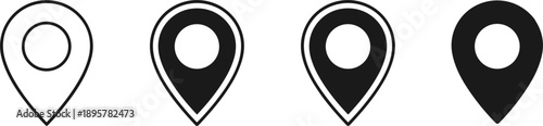 Map location pin icon set black and white flat vector symbols for navigation GPS app design interface branding