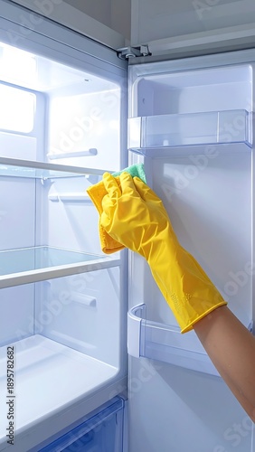 Hand in yellow glove cleans empty white fridge interior with a green sponge