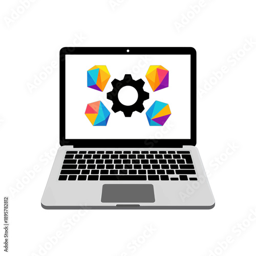 Laptop with gear icon and colorful polygons on screen.