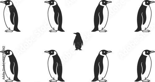 Cute penguin character set black and white flat vector illustration for wildlife mascot logo design branding icon collection