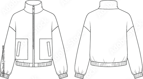 Women's Cropped Puffer Jacket Technical Fashion Drawing Vector Illustration Featuring Stand Collar, Full Zip Closure, Patch Pockets, Ribbed Hem and Cuffs, Front and Back View, Apparel Mockup.
