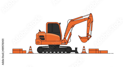 Compact Orange Excavator With Caution Cones On Construction Site
