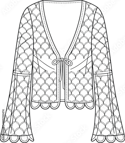 Women's Cropped Quilted Jacket Technical Fashion Drawing Vector Illustration Featuring Scallop Pattern, Tie Front Closure, V-Neckline, Flared Bell Sleeves, and Scalloped Hem.