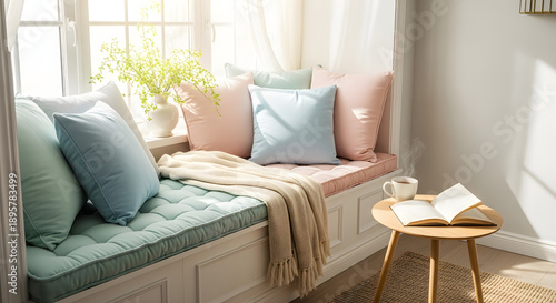 Cozy Window Nook with Comfortable Pastel Cushions Blanket and Table with Book, Peaceful Home Reading Corner Interior Concept