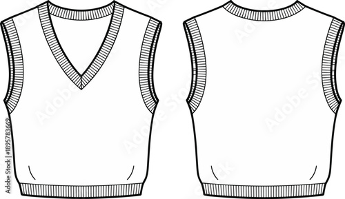Women's Cropped Sweater Vest Technical Fashion Drawing Vector Illustration Featuring V-Neckline, Ribbed Trims at Neck, Armholes, and Hem, Front and Back View, Apparel Mockup.