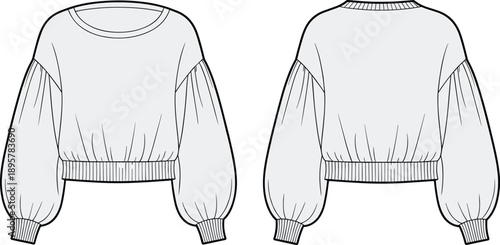 Women's Cropped Sweatshirt Technical Fashion Drawing Vector Illustration with Voluminous Balloon Sleeves, Scoop Neckline, Ribbed Hem and Cuffs, Front and Back View, Apparel Mockup.