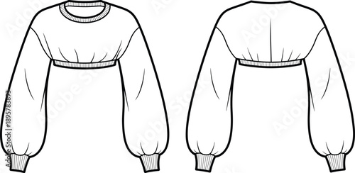Women's Extreme Cropped Sweatshirt Technical Fashion Drawing Vector Illustration Featuring Crew Neck, Voluminous Balloon Sleeves, Ribbed Trim, Front and Back View, Apparel Mockup Template.