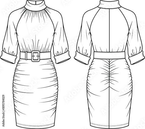 Women's fitted dress technical flat sketch, mock neck, ruched skirt, three quarter sleeves, belted waist, front and back view, isolated vector illustration template.