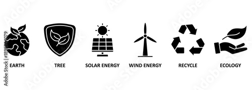 Environment banner web icon vector illustration concept with icon of earth, tree, solar energy, wind energy, recycle, ecology