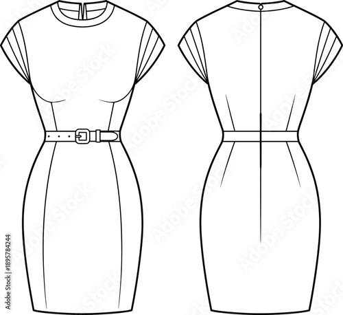 Women's Fitted Sheath Dress Technical Fashion Flat Sketch Template, Featuring Crew Neckline, Cap Sleeves, Waist Belt, and Knee-Length Pencil Skirt Silhouette, Front and Back View Outline Drawing.