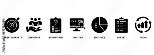 Market research banner web icon vector illustration concept with icon of target markets, customer, evaluation, analysis, statistics, survey and trend 