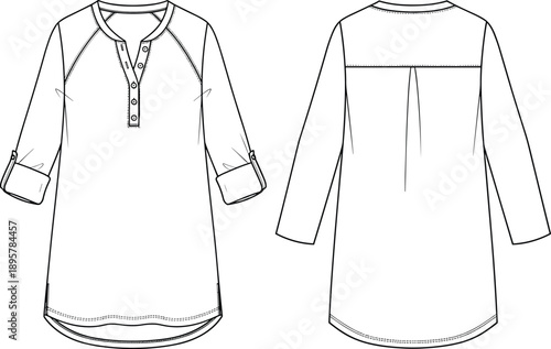 Women's Henley Tunic Blouse Technical Fashion Flat Sketch, Featuring Roll-Up Sleeves, Raglan Seams, and Curved Shirttail Hem, Front and Back View Vector.