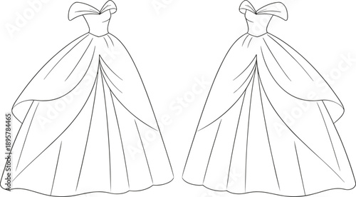 Women's glamorous off-the-shoulder evening ballgown technical flat sketch, featuring a voluminous full skirt, fitted bodice, and draped cascading front panel, isolated vector illustration template.