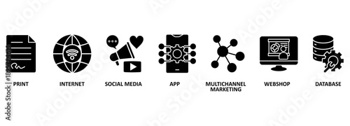 Cross media banner web icon vector illustration concept with icon of print, internet, social media, app, multichannel marketing, webshop and database 