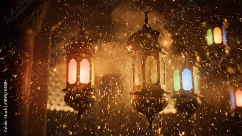 Colorful Lanterns Hanging in Dark Space.
